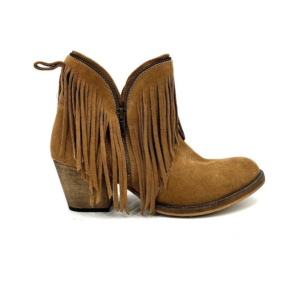 DINGO Womens Brown Tan Suede Leather Juju Fringe Boho Western Ankle Boots Size 8 - Picture 1 of 8